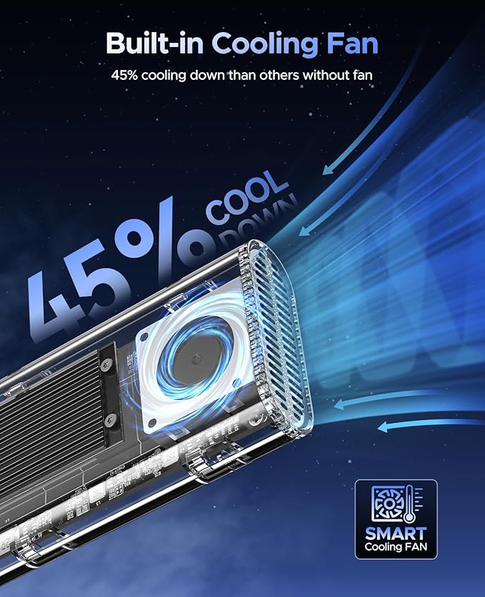 ORICO 40Gbps M.2 NVMe SSD Enclosure with Built-in Cooling Fan, Tool-Free External Hard Drive Enclosure, Support 2230 2242 2260 2280(M Key), Compatible with Thunderbolt 3/4 USB4/3.2/3.1/3.0/2.0-TCM2U4