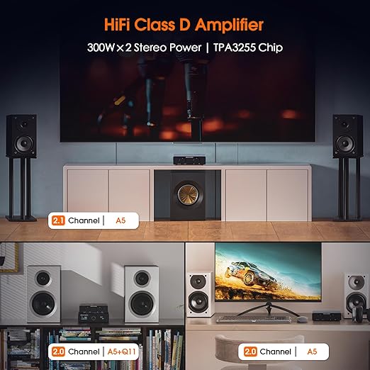 Douk Audio A5 2 Channel TPA3255 Stereo Amp, 300 Watts x2 Mini Hi-Fi Audio Power Amplifier Class D for Home Theater System, Passive Bookshelf Tower Speakers with High-Pass Filter + 48V Power Supply