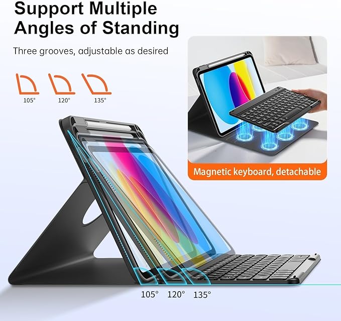 for iPad 11th 10th Generation Case with Keyboard, Magnetic 720° Rotatable Cover Detachable Wireless Bluetooth Backlit Keyboard with Pencil Holder for iPad 11 inch A16 2025 & 10.9 inch 2022 -Black