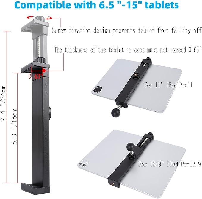 iPad Pro 12.9 Inch Tablet Mount with Dual Suction Cup Base for Truck Car Windshield, Aluminum Arm Heavy Duty Tablet Suction Holder for Window, Compatible with 6.5-12.9" Tablets