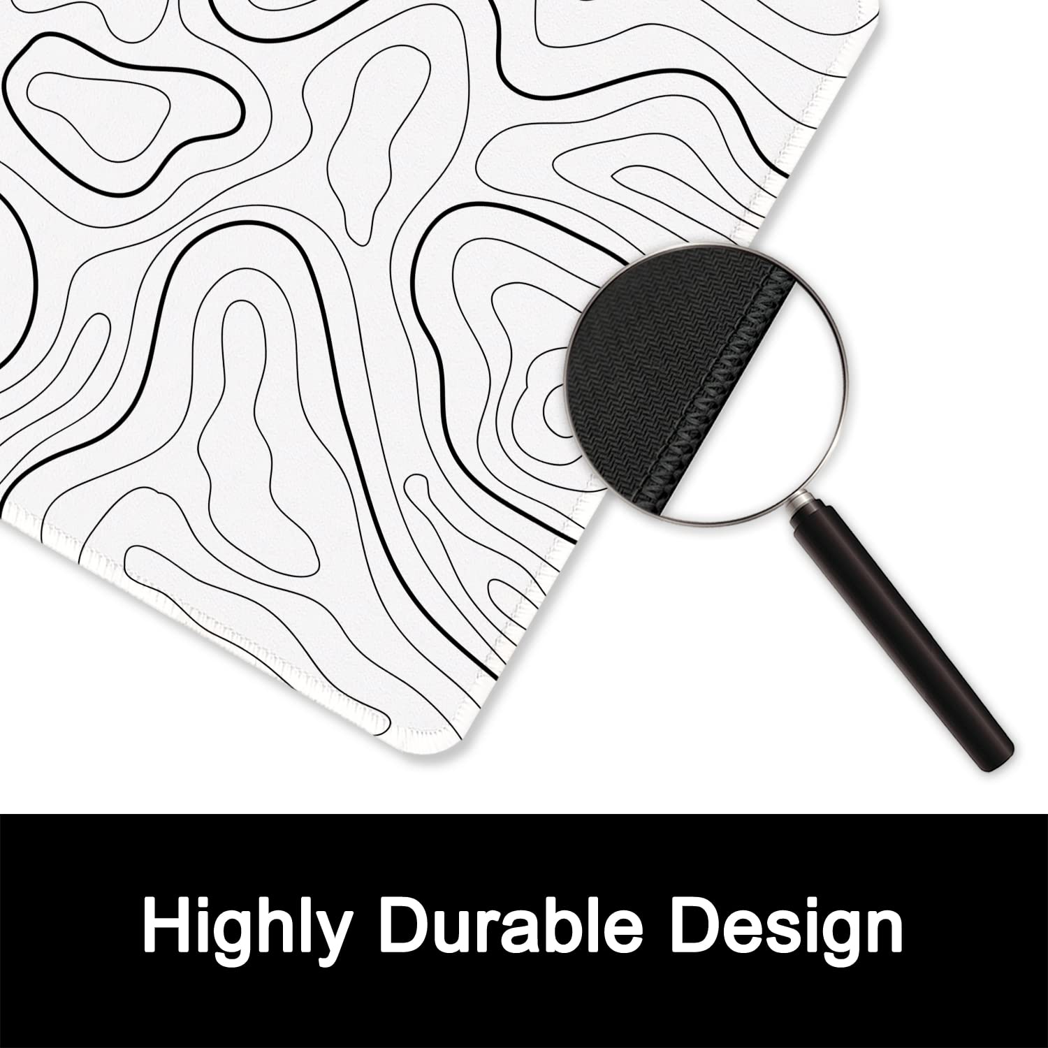 ITNRSIIET Mouse Pad with Stitched Edge Premium Textured Smooth Precise Operation Waterproof Washable Non-Slip Rubber Base Desktop Protection Mat, 10.2×8.3×0.12 inches, Topographic Contour White