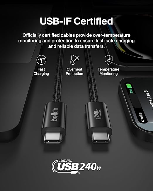 Belkin USB C to USB C Cable, 9.9ft, 240W - Type C Charger, iPhone Charger Cord, Soft, Braided, Flexible for iPhone 17, Galaxy S25, Pixel 10, MacBook, Chromebook, iPad Pro, Switch Steam Deck – Black