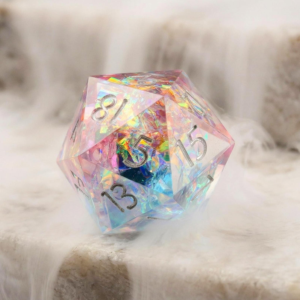 Haxtec Sparkling Sharp Edge Dice Set - Handmade Resin DND Dice with Iridescent Mylar Inclusion, Light Purple and Blue Color Mix-Enchanted Stardust