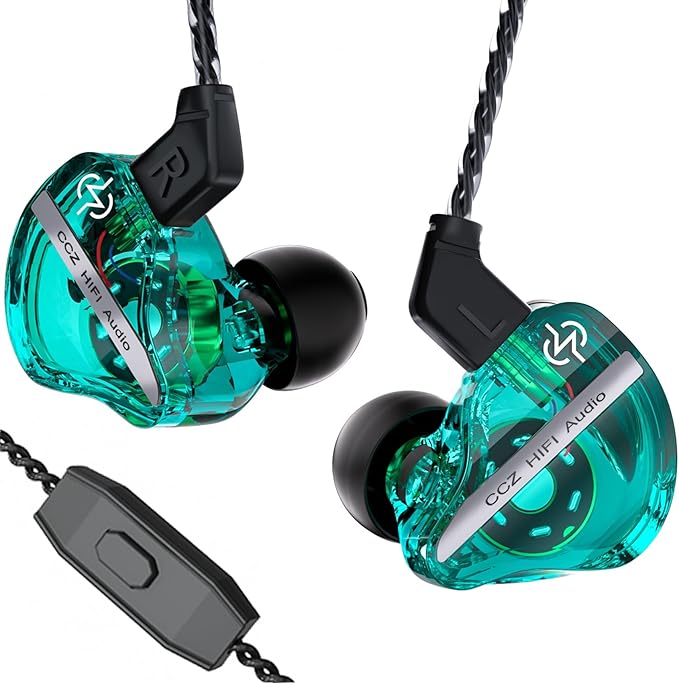 CCZ DC01 Pro Gaming Earbuds, Professional iems for Gaming, Super Bass in Ear Monitor Headphones Wired Earphones with 1DD, Patent Ear fins, Ear tips, for School Student Laptop Podcaster (Cyan with mic)