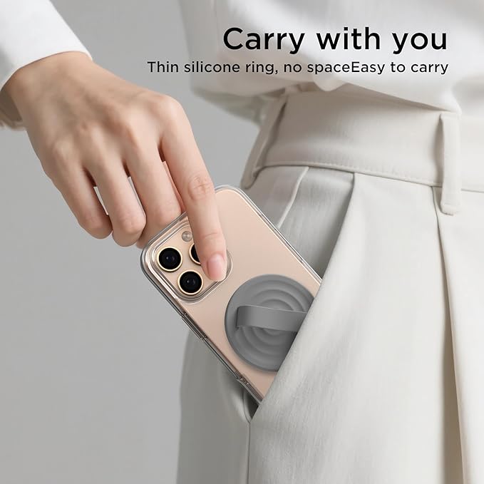 Magnetic Phone Ring Grip Holder, Silicone Finger Loop Grip, Compatible with MasSafe, Back of Phone for iPhone Pro Max/Plus/16/15/15/14/13/12 Series, Gray