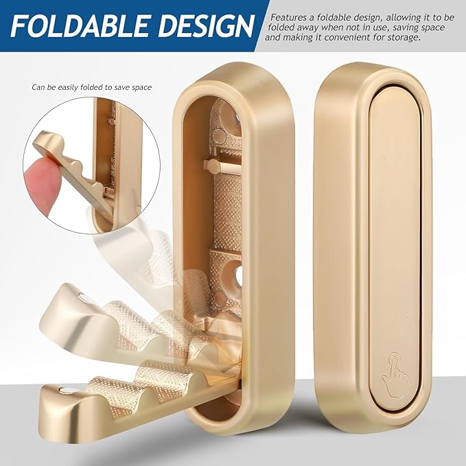 4PCS Gold Foldable Wall Hooks, Metal Folding Hooks Wall Mount, Easy Installation, Suitable for Bathroom Kitchen, Flip Down Hook for Wal l Hanging Coat, Bag, Towel, Key, Hat (Gold)