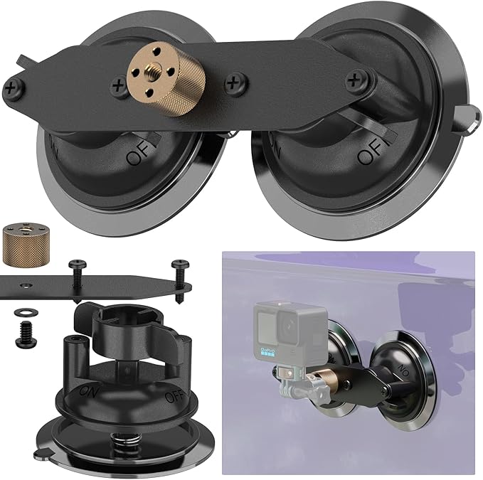 MINIFOCUS Dual Suction Cup Mount, Twist-Lock Dual Suction Cup Base with Camera Thread Adapter, Quick Release Double-Layer Suction, Windshield Window Car Mount for Magic Arm Gopro Adapter