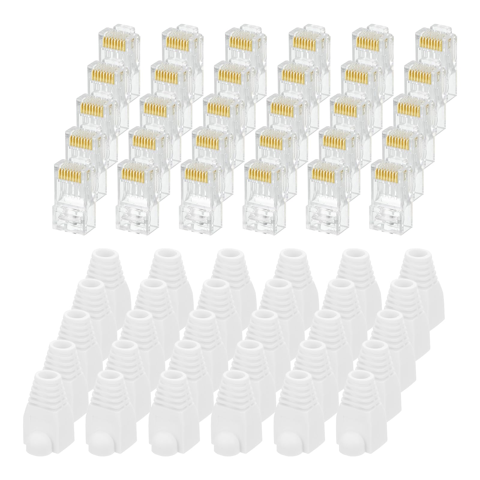 MECCANIXITY 60pcs Cat6 RJ45 Pass Through Connectors, RJ45 Connector 8P8C Gold Plated Plugs with 60pcs White Strain Relief Boots for Solid or Stranded UTP Ethernet Cable, 1.1mm