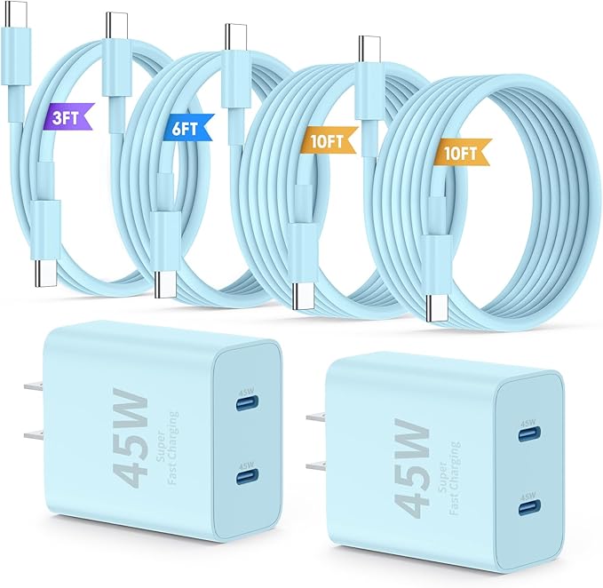 iPhone 16 15 Pro Max Charger Fast Charging,45W Dual Port USB C Fast Charger Block [2-Pack] & Extra Long 60W 3/6/10/10FT USB C Cable - PD Quick Adapter 3.0 for iPhone 16 15/16 15Pro/16 15 Plus.