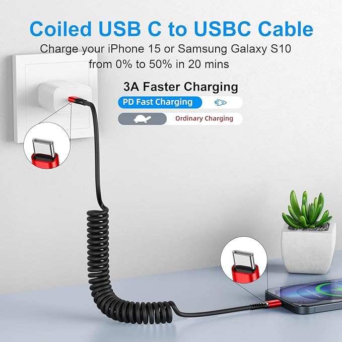 USB C Cable 3ft 2Pack USB C to USB C Charger Cable for Car, Coiled Type C Fast Charging Cable for iPhone 16/15/Plus/Pro/Pro Max/MacBook Pro 2020/iPad Pro 2020/iPad Air 4/Samsung Galaxy S23-Red