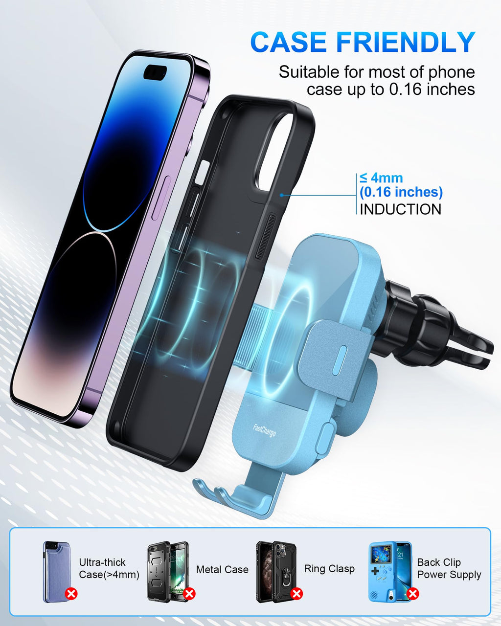 CHGeek Wireless Car Charger, 15W Fast Charging Auto Clamping Car Charger Phone Mount Phone Holder fit for iPhone 15 14 13 12 11 Pro Max Xs, Samsung Galaxy S24 Ultra S23 S22 S21, S20, S10+, Cyan