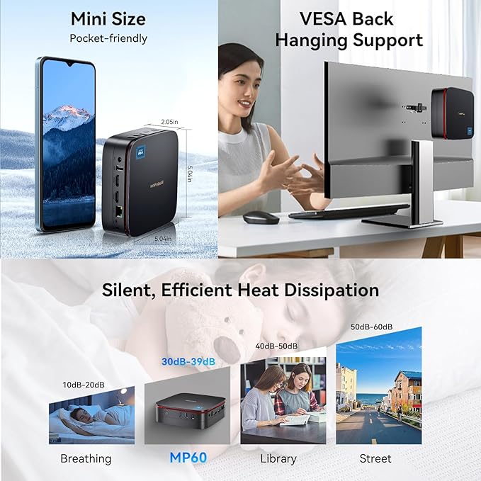 Blackview MP60 Mini PC 2025 with 13th Gen Intel N150(2-Year Coverage), 16GB RAM 512GB M.2 SSD Mini Computer, 4K UHD Dual HDMI, Win11 Pro, WiFi 5/Big Fan/LED Light, Mini Desktop PC for Home/Office/Edu