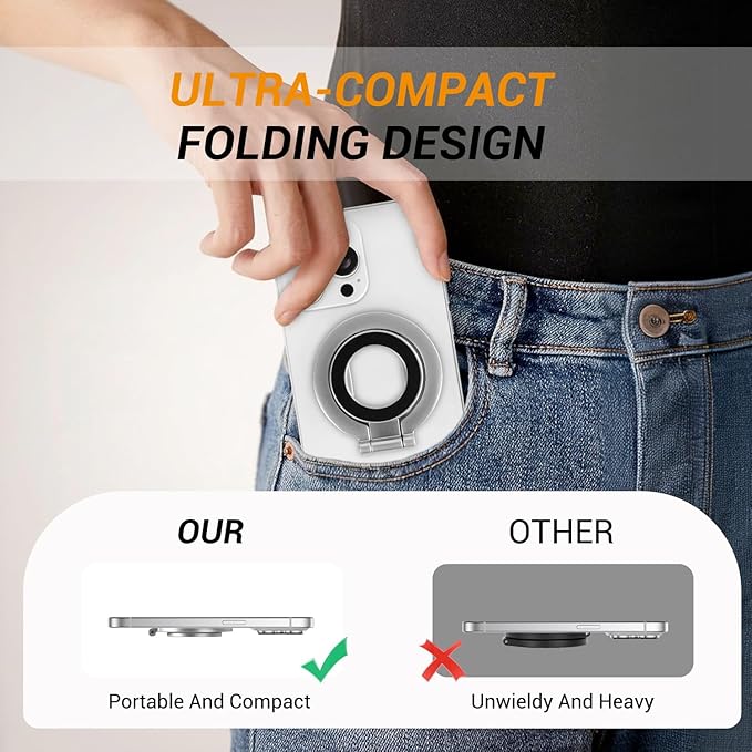 Magnetic Ring Holder Grip, Adjustable Magnet Phone Ring Stand, Multi-Angle Stability Kickstand, Strong Double Sided Magnetic Phone Grip, with Magnet Ring for Phone Case, Silver