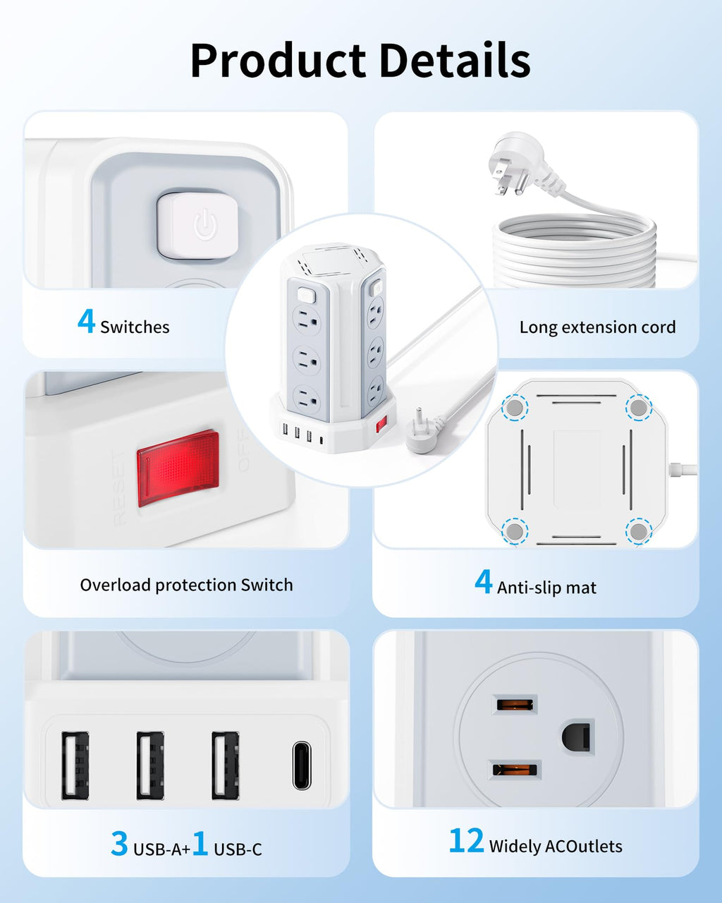 Power Strip 6.5 Ft Extension Cord with 12 AC Multiple Outlets 4 USB (1 USB C), SMALLRT Power Strip Tower Desktop Charging Station for Home Office College Dorm Essentials