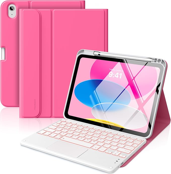 MoKo Touch Keyboard Case for iPad (A16) 11th Generation 11 inch 2025, iPad 10th Generation 10.9 inch Case with Pencil Holder, 7 Colors Backlit Multi-TrackPad Detachable Bluetooth Keyboard,Persian Pink