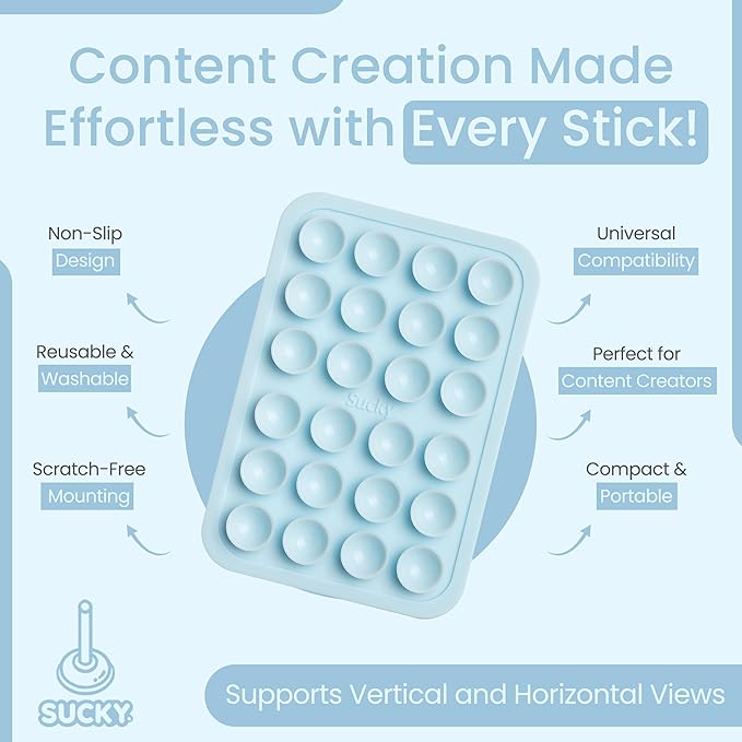 SUCKY Silicone Suction Phone Case Adhesive Octo Cup Buddy Mount - Anti-Slip Holder, Hands-Free Phone Accessory for iPhone & Android - Sticky Grip for Selfies, Videos - Baby Blue