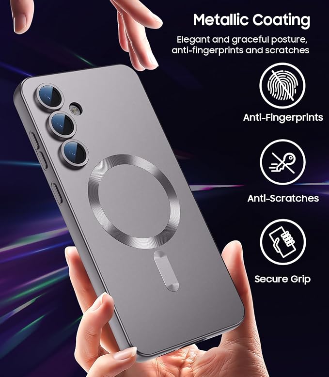 Magnetic for Samsung Galaxy S24 Plus Case [Compatible with MagSafe][Built-in Camera Lens Protector] Slim Soft Silicone Bumper Shockproof Metallic Luster Phone Case (Gray)