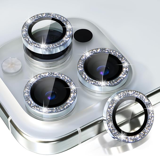 Choiche Compatible for iPhone 15 Pro/iPhone 15 Pro Max Camera Lens Protector Bling, 9H Tempered Glass Camera Cover Screen Protector Metal Ring Decoration Accessories (Glitter-Silver)