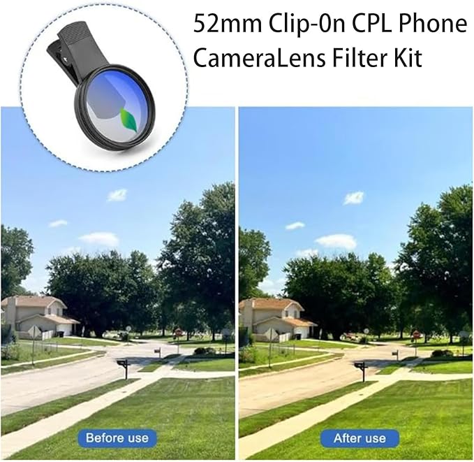 52mm Clip-On Cpl Phone Camera Lens Filter Kit, Circular Polarizer Polarizing Filter Compatible with Most Cell Phones, Cell Phone Lens Polarizing Filter for Iphone with Cleaning Cloth and Case Box(1pcs