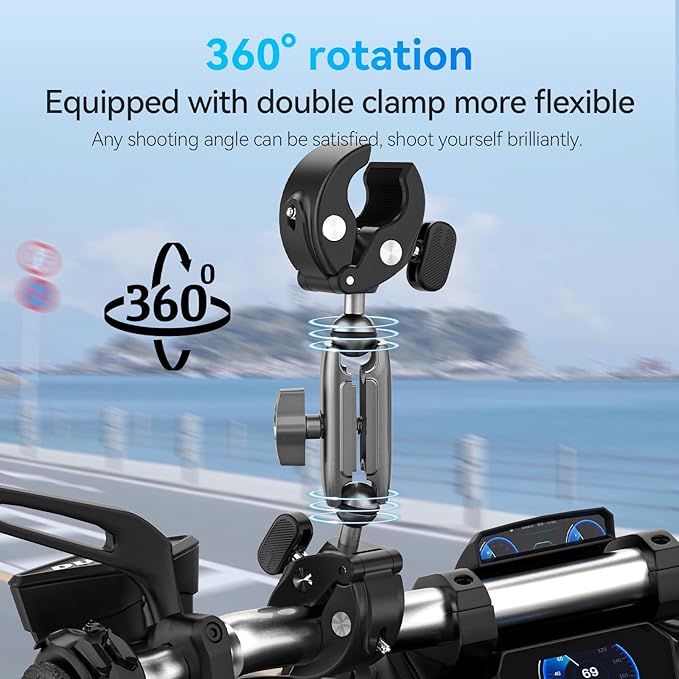Duall Ball Clamp Mount for Stick Pole Mounting on Bike Bicycle Motorcycle Handlebar Tube Holder Accessories Compatible with GoPro 13 12 11 10 9 8 Insta360 X3 X4 X5 Ace Pro DJI Osmo Nano DJI Action 5/4