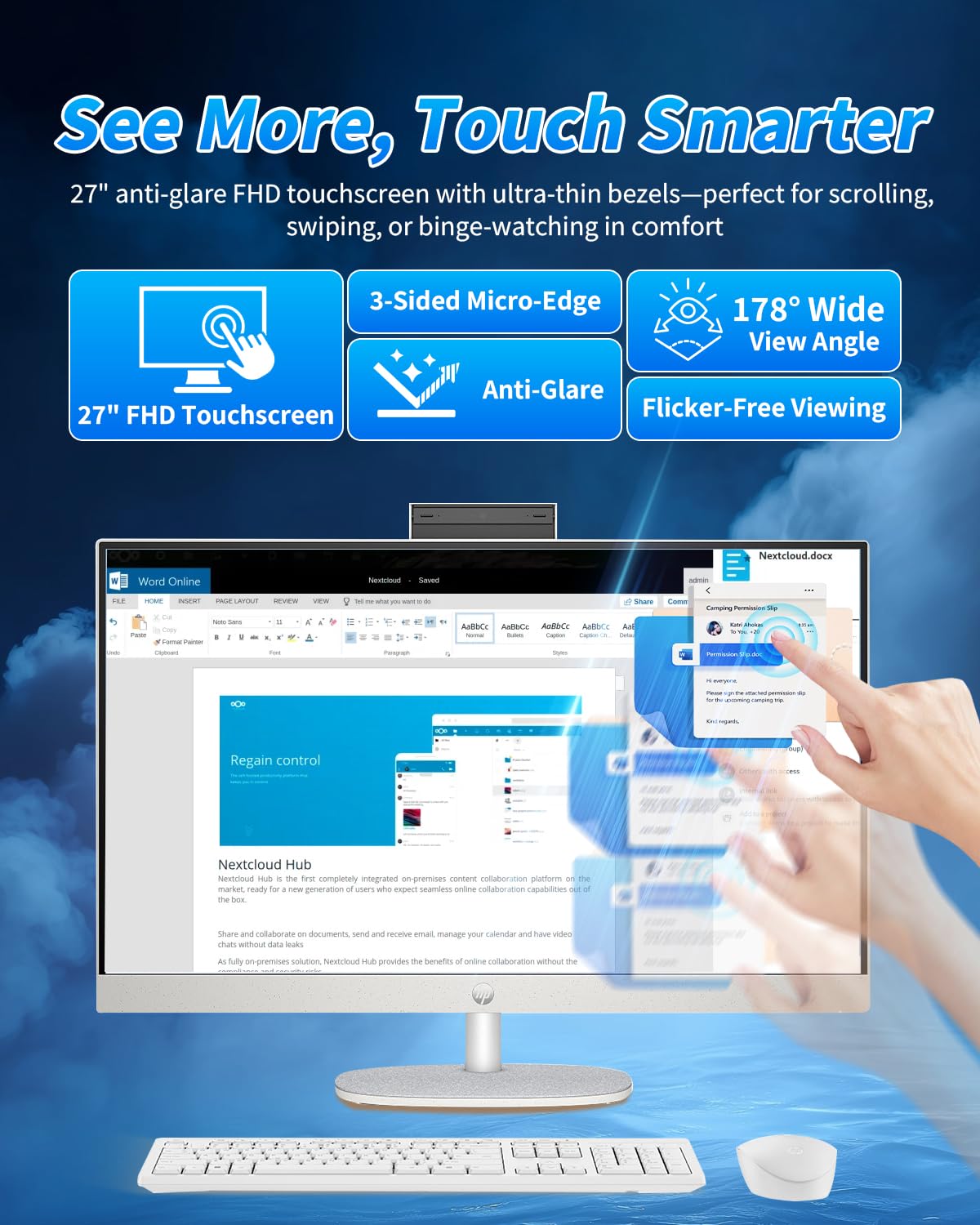 HP 27" All-in-One Desktop Computer - FHD Touchscreen | Intel Ultra 7‑155U | AI‑Enhanced Display, Facial Login | Privacy Pop‑Up Camera | Win 11 Pro, RECOLX AI Voice Recorder | 32GB DDR5 + 1TB SSD