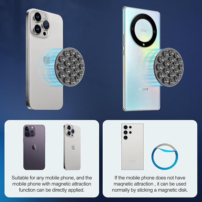 Silicone Suction Cup Phone Mount, Magnetic Suction Phone Case Stand, Mirror Shower Phone Holder, Perfect for Selfies and Videos Creators, Hands Free Holder Mount for iPhone/Samsung/Google-Black