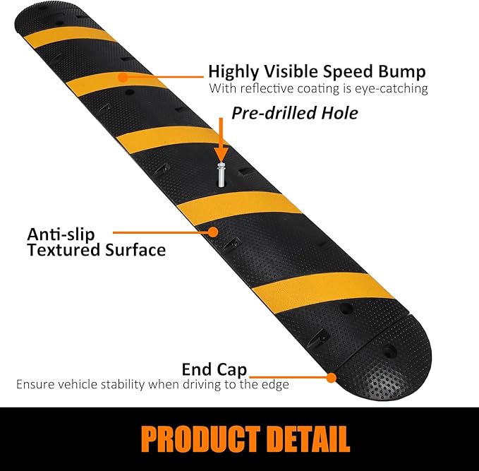 Heavy Duty Speed Bumps for Driveway, 84" Rubber Speed Bumps, 2 Channel Modular Traffic Speed Bump Hump Cable Protector Ramps for Asphalt Concrete Gravel Driveway Road with 2 End Caps, 6 Bolt Spikes