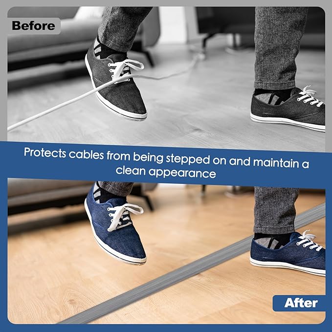 Floor Cord Cover for Wires on Floor Self Adhesive Cord Hider Floor Cable Management Wire Covers for Cords Protector Prevent Cable Trips Cord Cavity W 0.47" x H 0.27", Gray Wood, 3.3Ft
