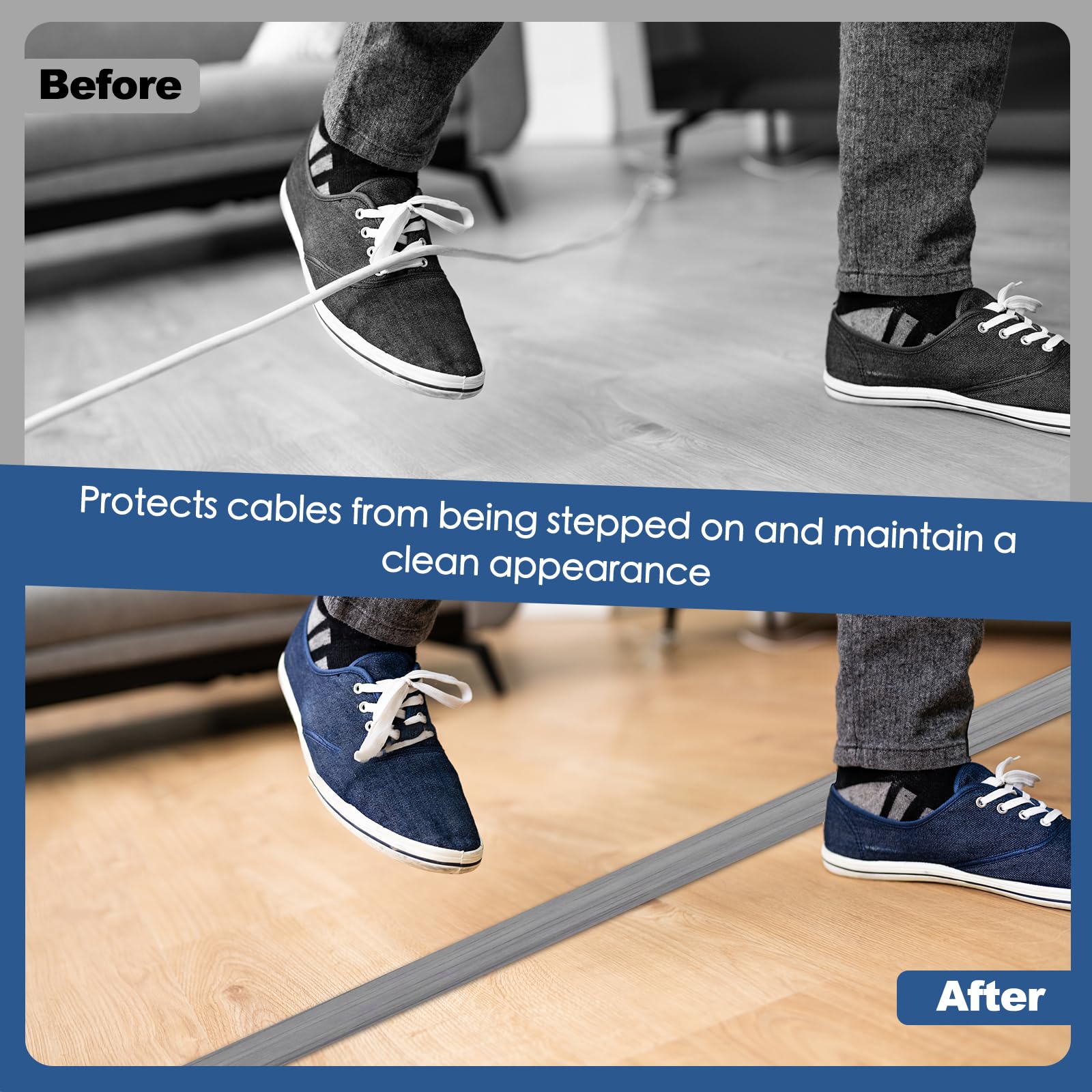 Floor Cord Cover for Wires on Floor Self Adhesive Cord Hider Floor Cable Management Wire Covers for Cords Protector Prevent Cable Trips Cord Cavity W 0.47" x H 0.27", Gray Wood, 3.3Ft
