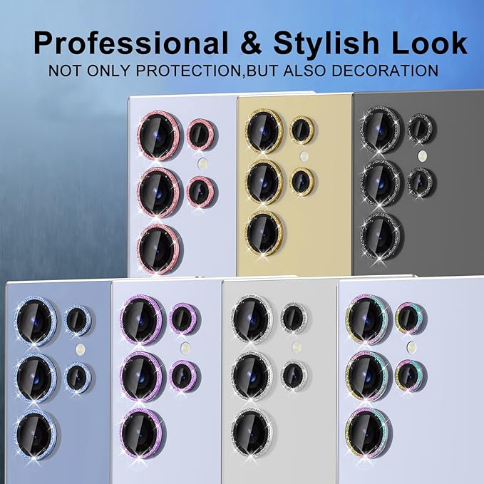 for Samsung Galaxy S25 Ultra Camera Lens Protector, Individual Metal Ring Tempered Glass Lens Cover, [Strong Adsorption] Scratch Resistant Ultra-Thin HD Clear Lens Cover, 1 Set-Purple Sparkly