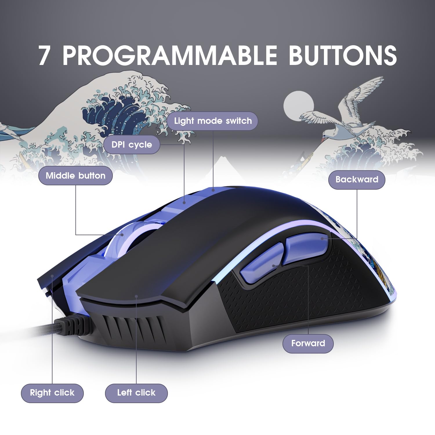 XVX Wired Gaming Mouse, 12000 DPI RGB Mouse with 12 Backlit Modes & 7 Macro Buttons, PC Gaming Mice Support DIY Keybinding, Gamer Computer Mice for Laptop PC Mac Windows, Kanagawa