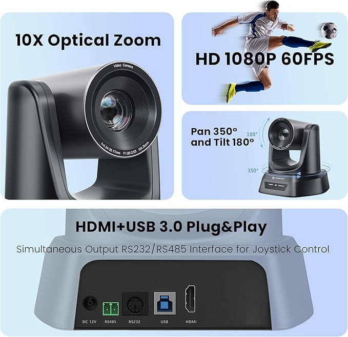 PTZ Camera HDMI/USB 10X Optical Zoom 60fps 1080P Video Conference Camera for Church Worship Live Streaming Meeting Online Learn with Zoom YouTube OBS and More