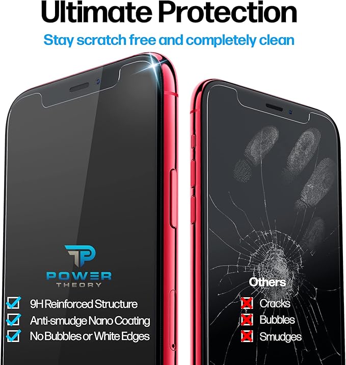 Power Theory Designed for iPhone 11, iPhone XR Screen Protector Tempered Glass [9H Hardness], Easy Install Kit, 99% HD Bubble Free Clear, Case Friendly, Anti-Scratch, 2 Pack