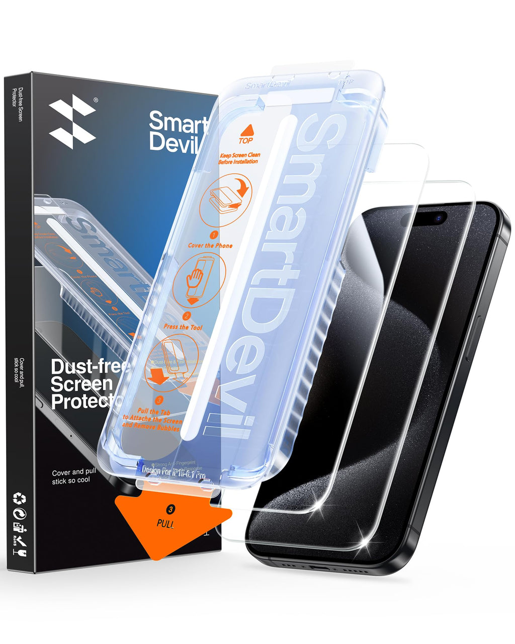 SMARTDEVIL 2 Pack for iPhone 15 Pro Max Screen Protector, 9H Hardness Military Grade Shatterproof, HD Clear Tempered Glass with Auto Dust-Elimination, Bubble Free, Easy Installation, Case Friendly