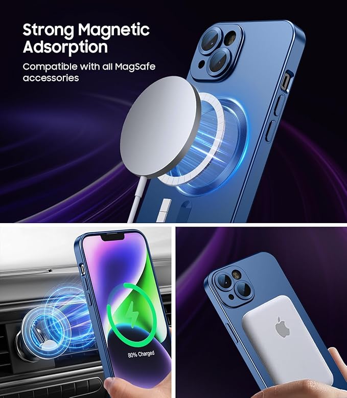 Magnetic for iPhone 15 Case [Compatible with MagSafe][Built-in Camera Lens Protector] Slim Soft Silicone Bumper Shockproof Metallic Shine Phone Case (Blue)