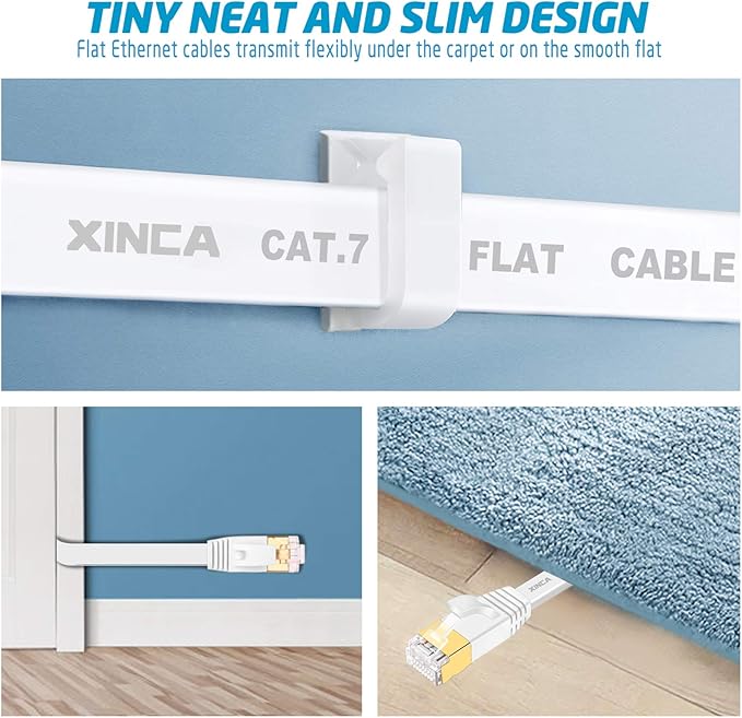 Cat 7 Flat Ethernet Cable 100ft White, High Speed 10GB Shielded (STP) LAN Internet Network Cable Ethernet Patch Computer Cable with Rj45 Connectors and 50pcs Adhesive Cable Clips