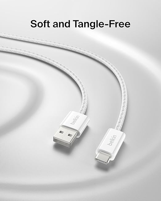 Belkin USB A to USB C Cable 2-Pack, 6.6ft, 15W - Type C Charger, iPhone Charger Cord, Soft, Braided, Flexible for iPhone 16 & 15, Galaxy S25, Pixel 9, iPad Pro, Airpods Pro, Switch & More - White