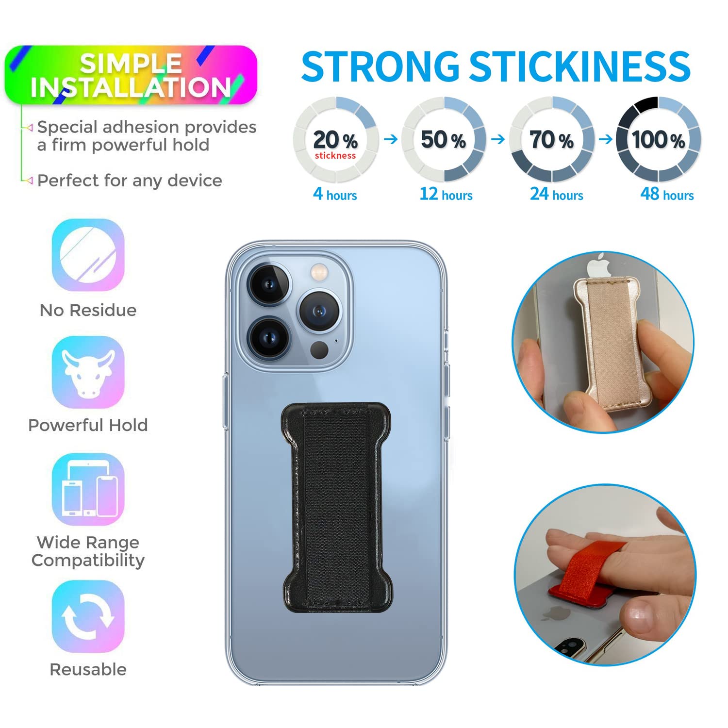WUOJI Phone Grip Holder for Hand, Universal Finger Strap Phone Holder, Finger Selfie Grip Compatible with Most Smartphones (PU Black) - 2Pack