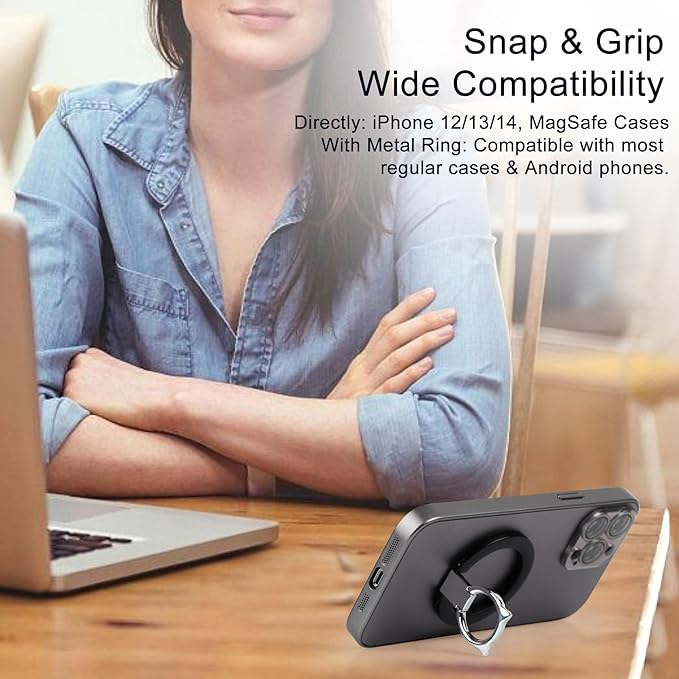 Magnetic Phone Grip for MagSafe, EI Sonador Magnet Phone Ring Holder, Removable, Compatible with iPhone 14 Plus 13 12 Pro Max Mini (Black)
