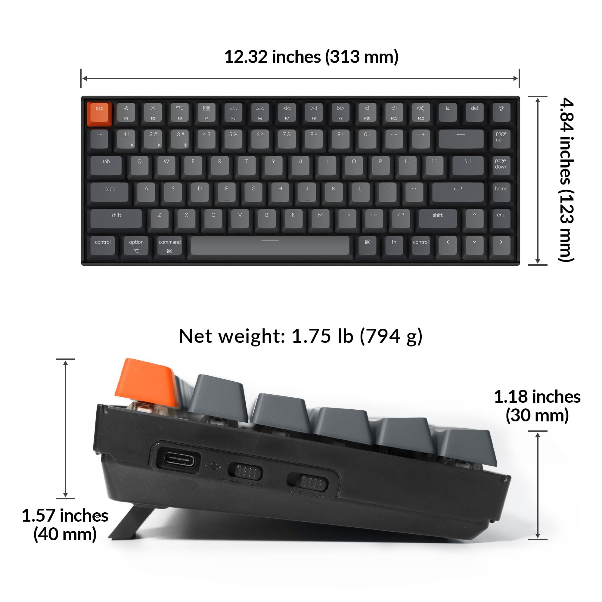 Keychron K2 75% Layout Bluetooth Mechanical Keyboard Super Red Switch/White LED Backlit/Anti Ghosting/N-Key Rollover/84 Key USB C Wired Computer Keyboard for Mac Windows-Version 2