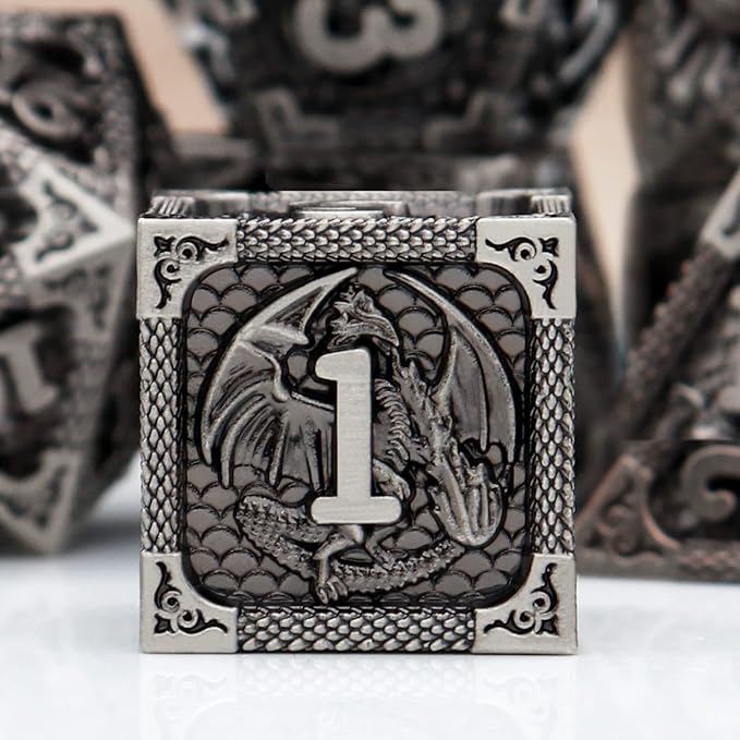 PJOY Metal DND Dice Set Antique Silver Dragon Scale D&D Polyhedral Dice with Dice Case for Dungeons and Dragons TTRPG Gifts