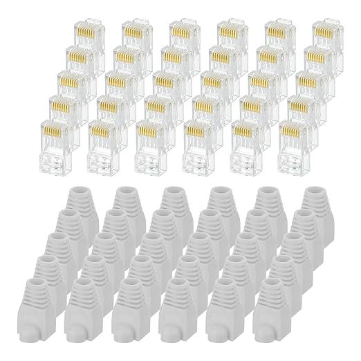 MECCANIXITY 60pcs Cat6 RJ45 Pass Through Connectors, RJ45 Connector 8P8C Gold Plated Plugs with 60pcs Light Grey Strain Relief Boots for Solid or Stranded UTP Ethernet Cable, 1.1mm