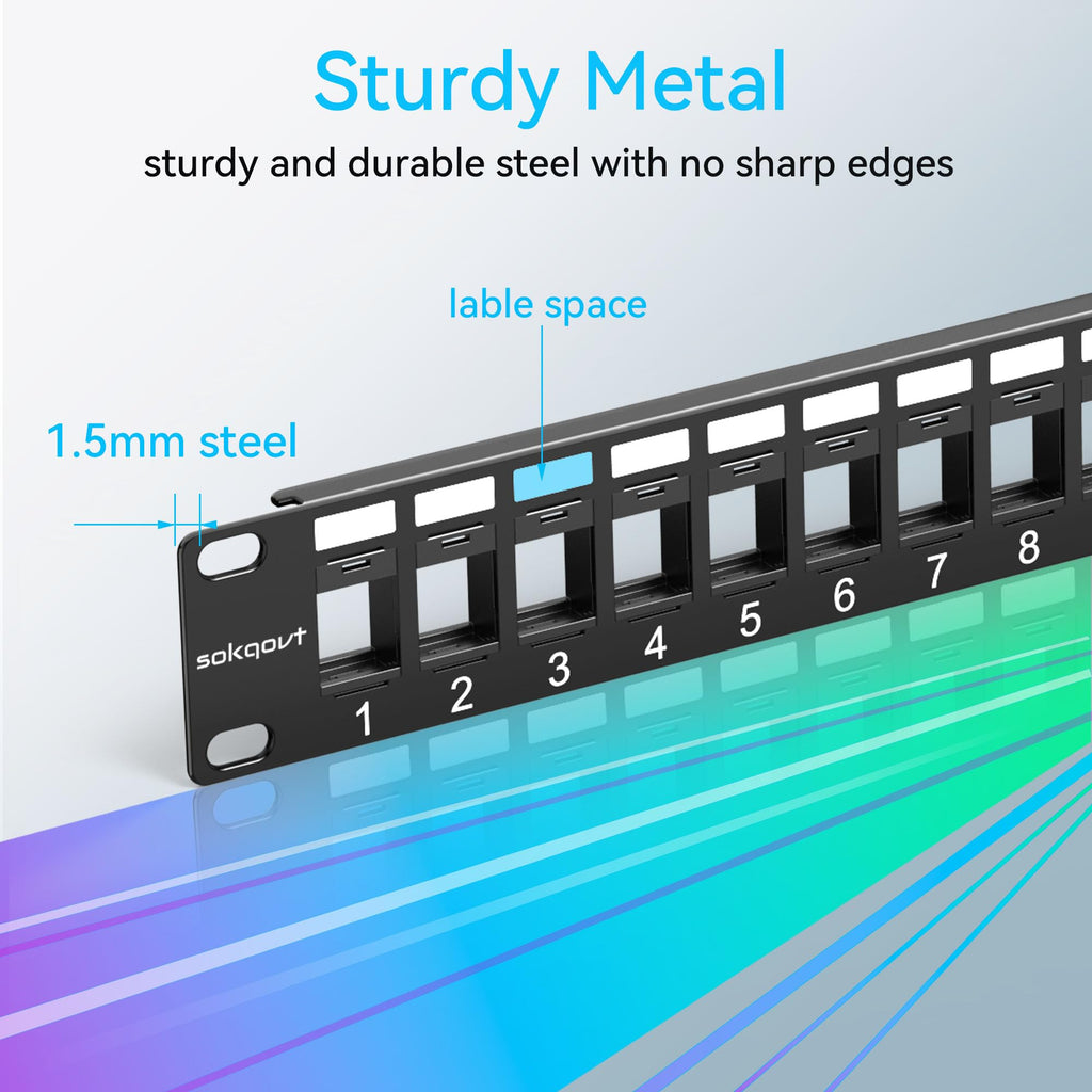 Sokqovt 24 Port Blank Keystone Patch Panel with Snap-in Design, Cat6 Network Patch Panel 1U 19 inch, Rack Mount Ethernet Patch Panel (for Slim Keystone Only)