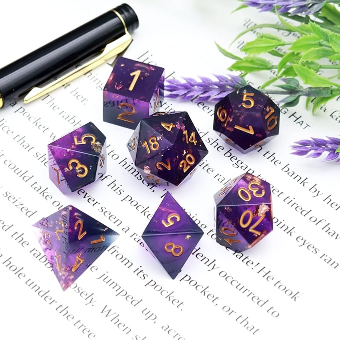 Haxtec DND Dice Set Sharp Edge Resin Dice with Dice Case Purple Black D&D Dice for RPG Role Playing Games Compatible with Dungeons and Dragons Gift War Series