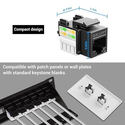 Iwillink 10Gbps Cat6 Keystone Jack RJ45 Modular Ethernet Jack Insert, Punch Down Adapter 25-Pack with Stand, Black