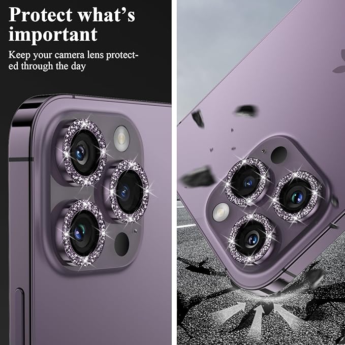 YWXTW Designed for iPhone 14 Pro/iPhone 14 Pro Max Camera Lens Protector Bling, [New Glitter Design] Individual Metal Tempered Glass Camera Cover Accessories Case Friendly, 1 Set (Purple Glitter)