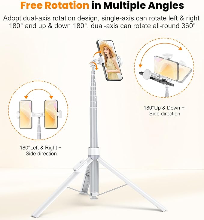 TONEOF 66" Automatic Phone Tripod with Magnetic Rechargable Remote,Selfie Stick 360° Vertical & Horizontal Rotatable,Stable for iPhone/Android((White)