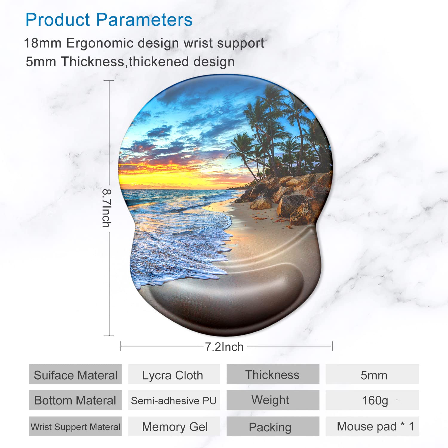 ITNRSIIET Ergonomic Mouse Pad with Gel Wrist Support Small Wrist Rest Smooth Surface Non-Slip PU Base Comfortable Office Supplies Pain Relief, 8.7 x 7.2 inches, Beach