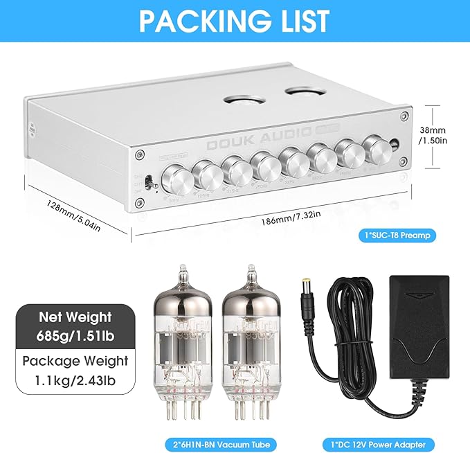 Douk Audio HiFi Vacuum Tube 7-Band EQ Preamp Equalizer XLR Pre-Amplifier Home (T8 PRO Silver)