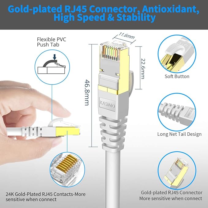 KASIMO CAT 8 Ethernet Cable SFTP Internet Network Patch Cord, Heavy Duty High Speed LAN Cables w Gold Plated RJ45 Connector Professional for Router, Modem, Gaming, Xbox (5 Feet, 5 Pack White)